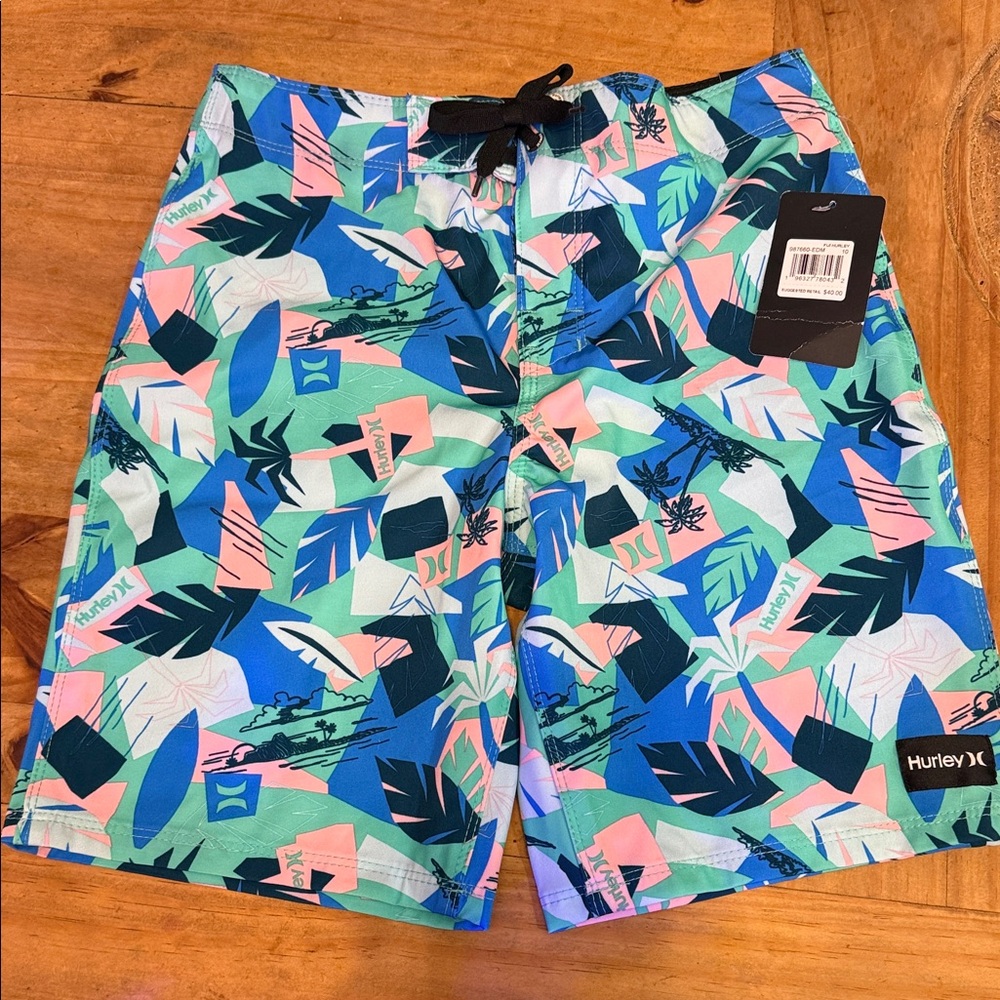 Hurley Kids Tropical Print Shorts - Blue, Green, Pink
